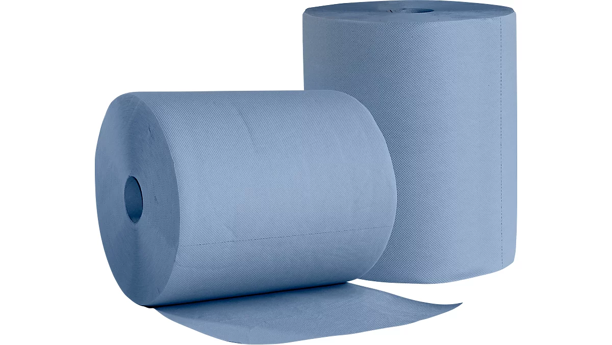 Papel de limpieza WIPEX BlueTech, uso universal, 3 capas, papel reciclado, azul, 2 rollos con núcleo Ø 280 mm y 500 paños, tamaño del paño 380 x 360 mm