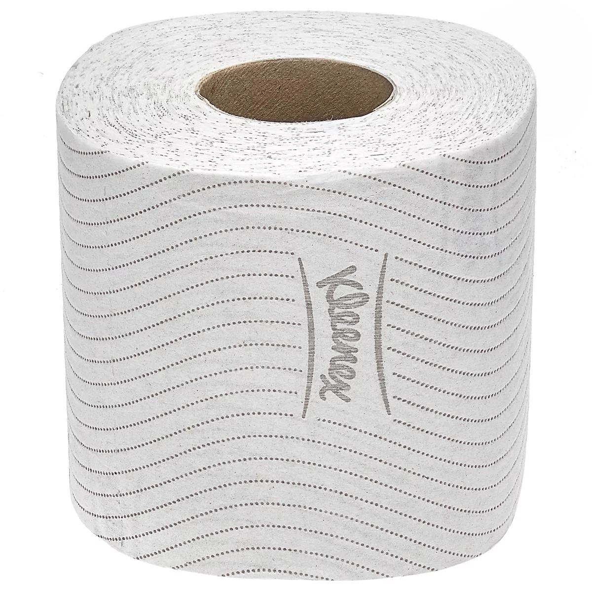 Primer plano de un rollo de papel higiénico con líneas onduladas grises. Logotipo de Kleenex.