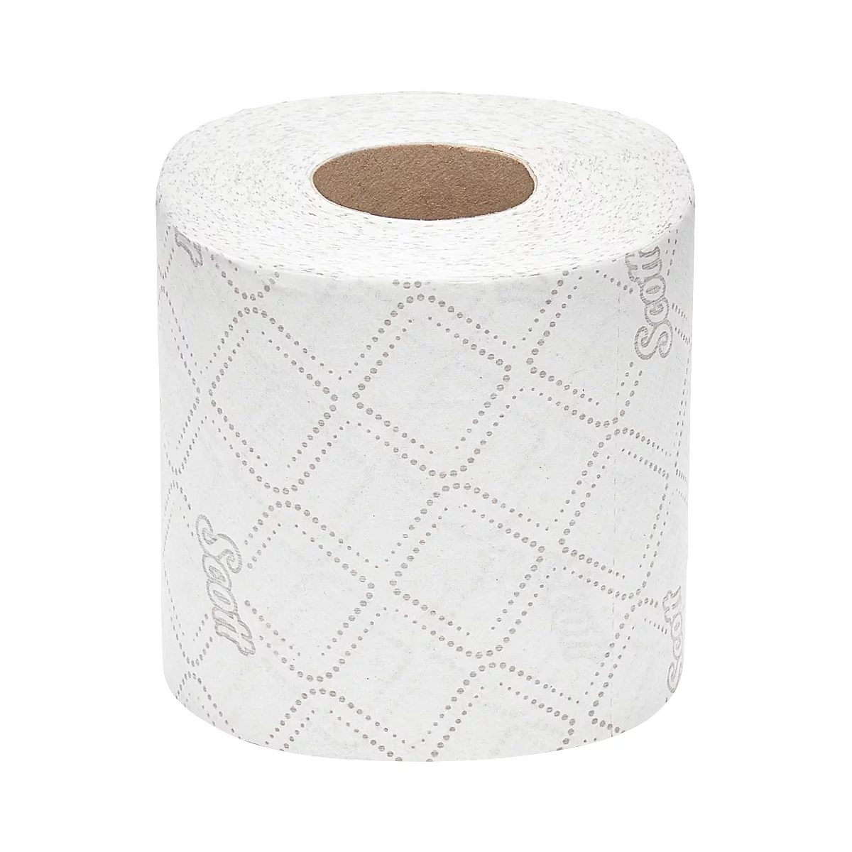Primer plano de un rollo de papel higiénico con patrones cuadrados en relieve y el logotipo de Scott.