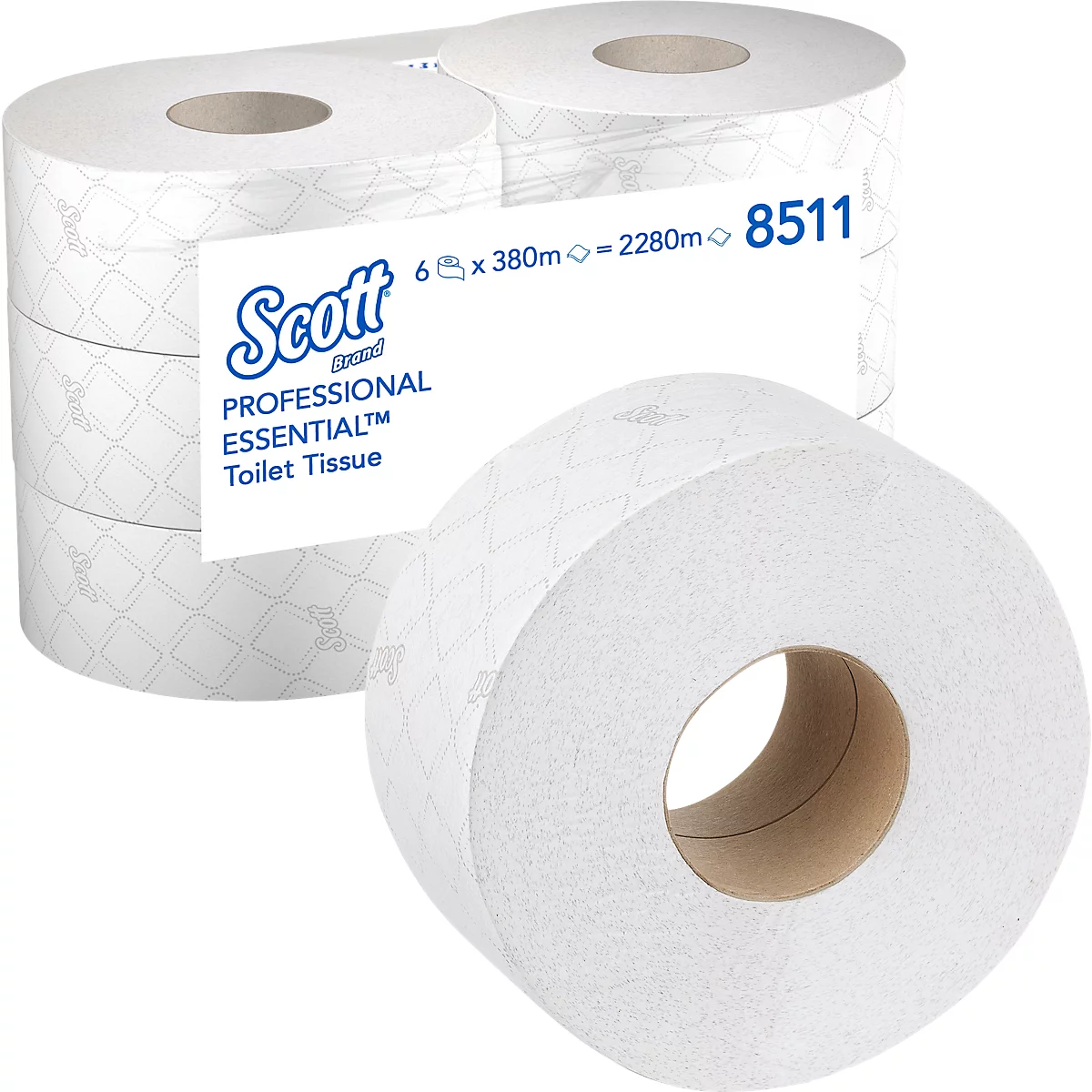 Varios rollos de papel higiénico blanco, un rollo en primer plano. El paquete tiene la impresión: Scott, Professional Essential.
