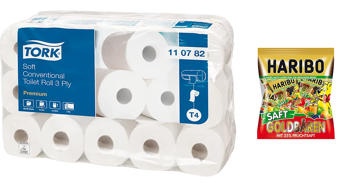 Papel higiénico TORK, 3 capas, 250 hojas por rollo, 30 rollos + 1 paquete de gominolas Haribo Minis GRATIS