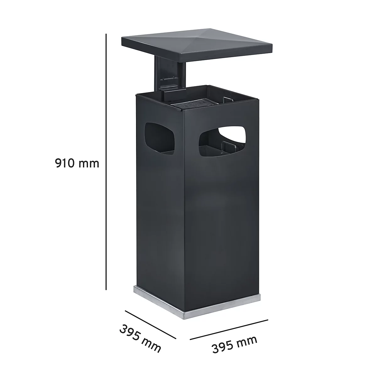 Contenedor de basura negro, de forma cuadrada, con techo. Dimensiones: 910 mm de alto, 395 x 395 mm de ancho.