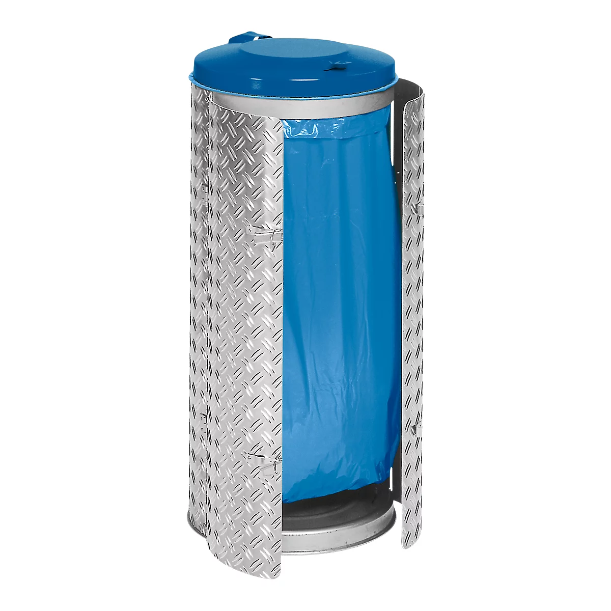 Papelera gris con tapa azul y bolsa de basura, parcialmente abierta. Los lados tienen un patrón de placa de diamante.