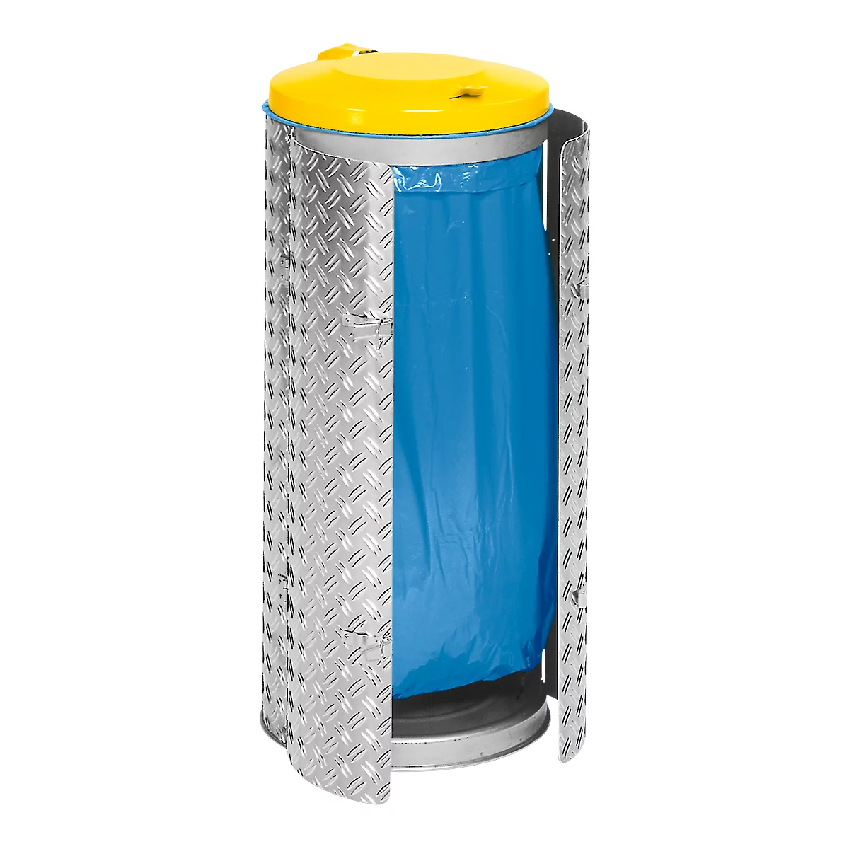 Bote de basura amarilla con tapa, cuerpo gris plateado con bolsa de basura azul.