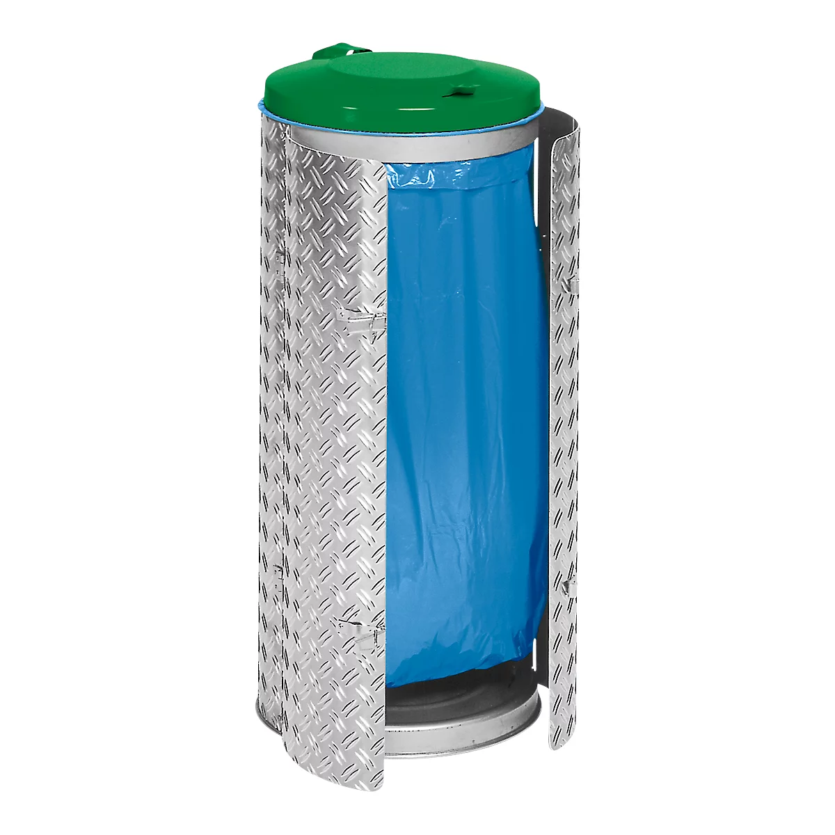 Contenedor de basura metálico con tapa verde y bolsa de basura azul en el interior. Los lados están diseñados con un diseño de chapa de cuadros.