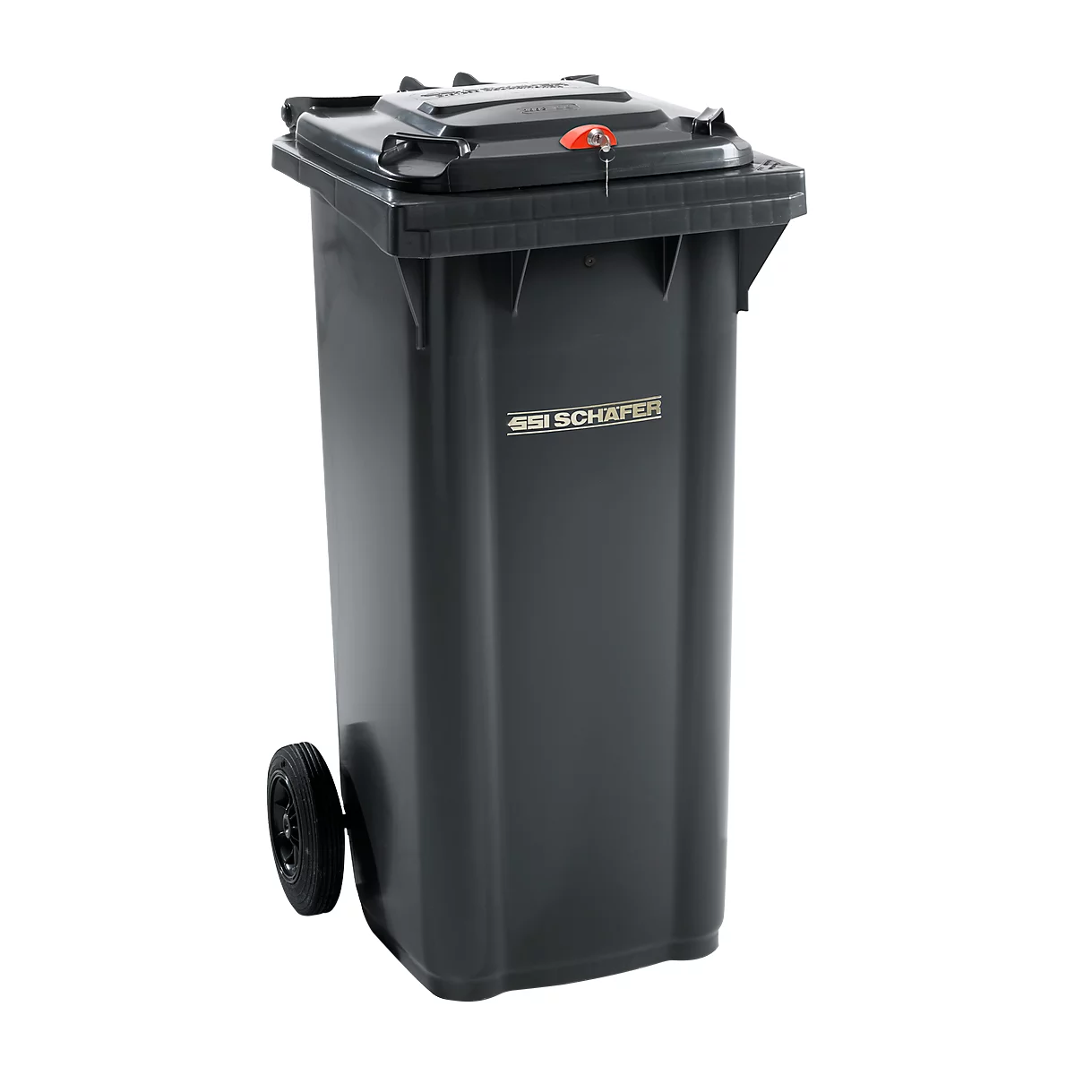 Contenedor de basura gris oscuro con ruedas y tapa. Una llave está en la cerradura. El logotipo de la empresa SSI Schäfer es visible.