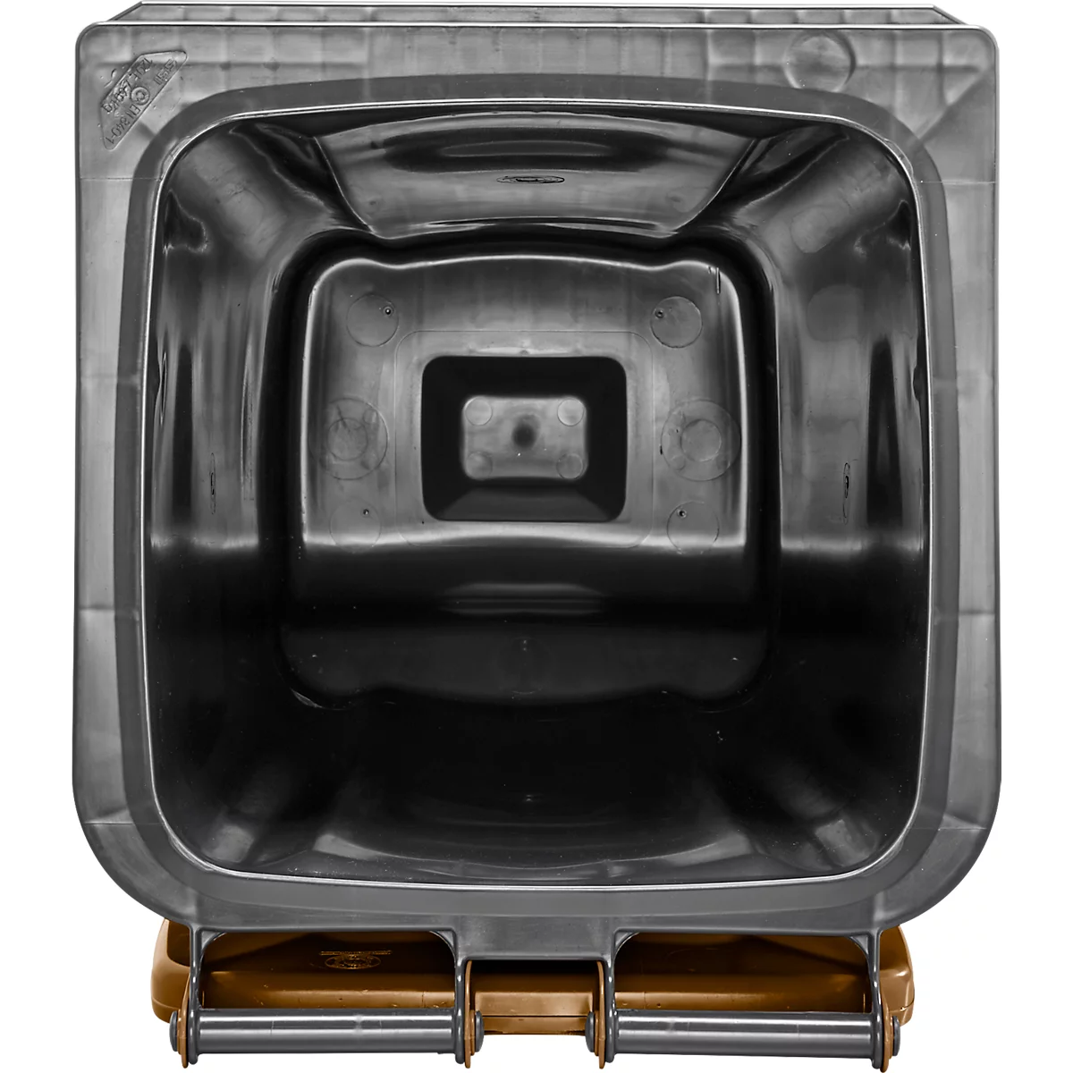 Vista superior de un cubo de basura gris. El interior es negro. La parte inferior es marrón con conexiones metálicas.