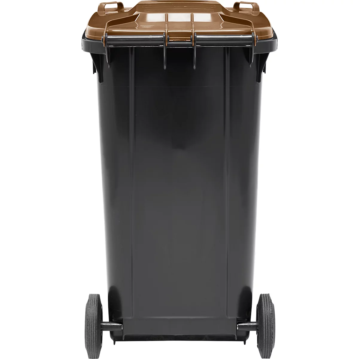 Contenedor de basura negro con tapa marrón y dos ruedas.