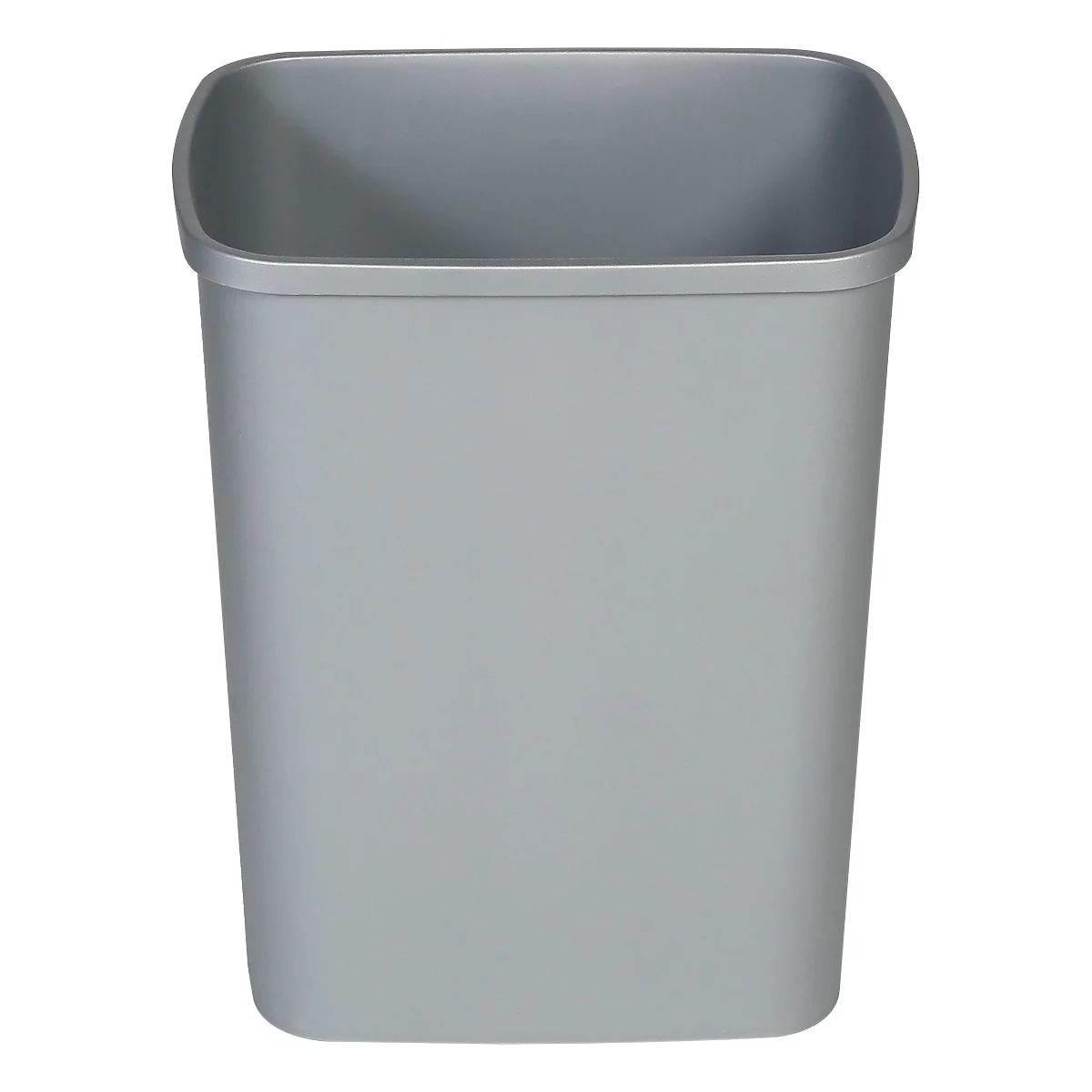 Papelera gris, rectangular, con esquinas redondeadas y una amplia abertura.