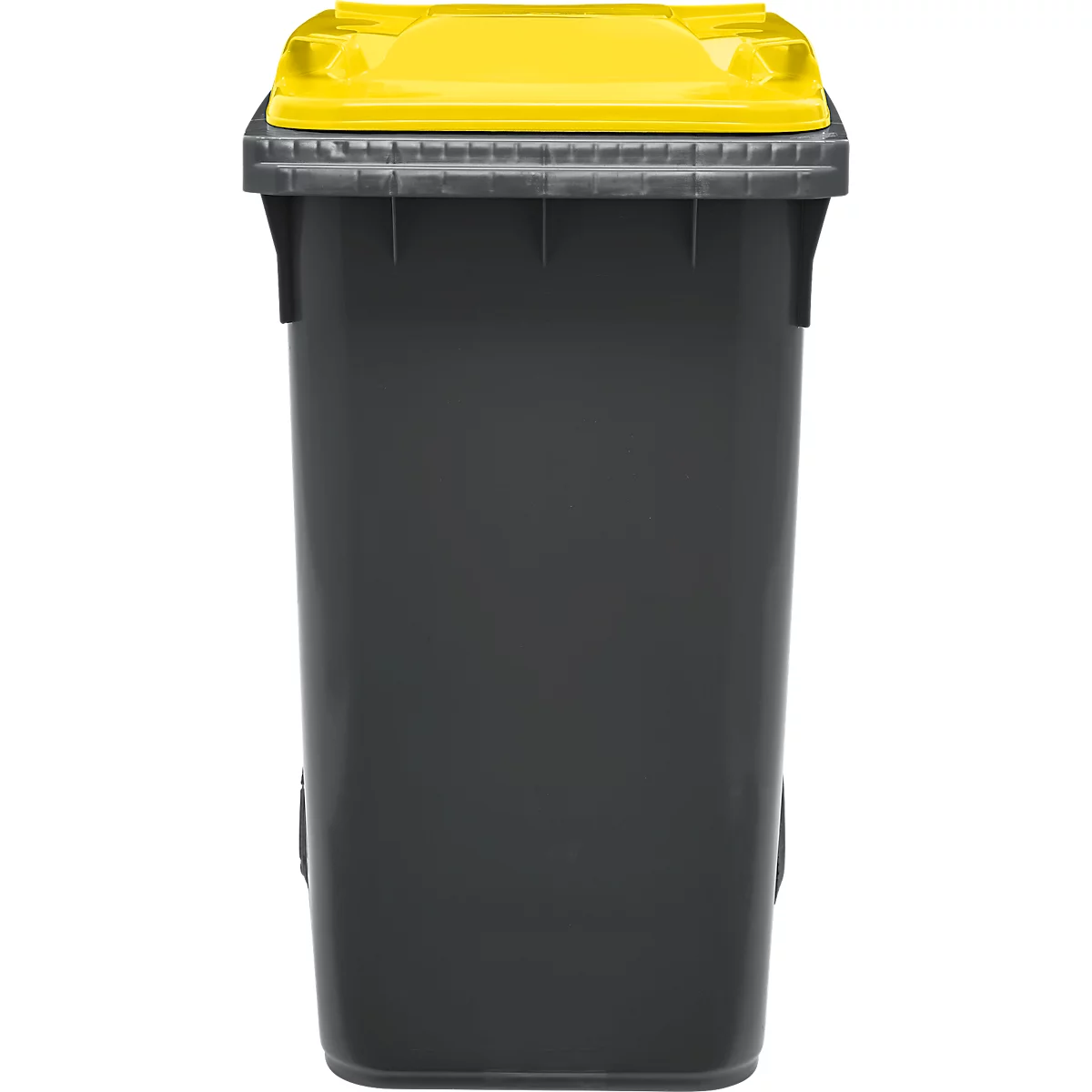 Contenedor de basura gris oscuro con tapa amarilla. El contenedor está en posición vertical.