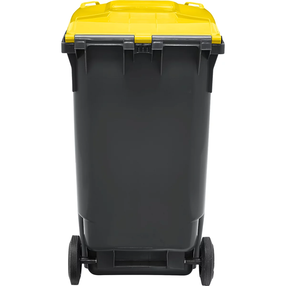 Contenedor de basura gris con tapa amarilla. Dos ruedas en la parte inferior.
