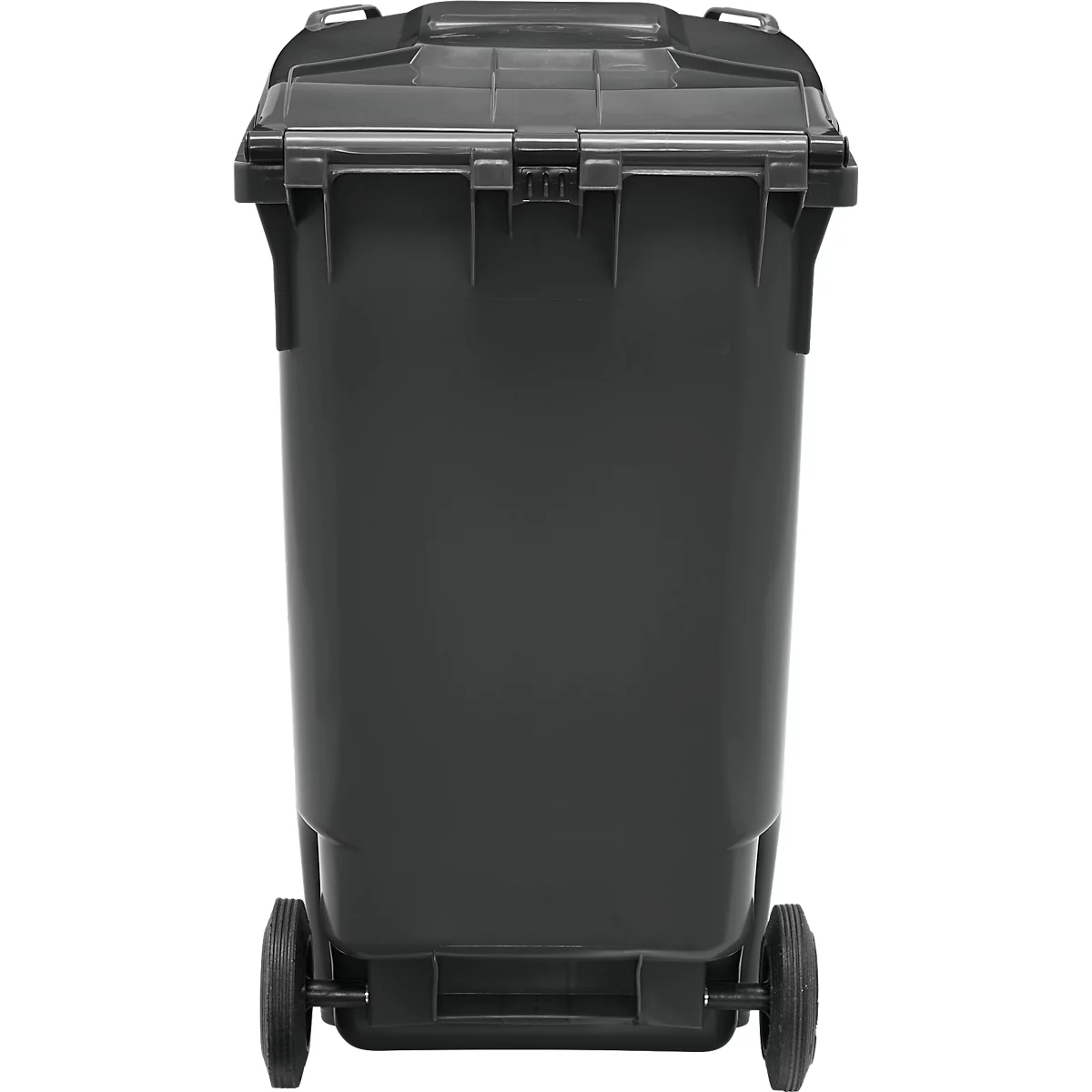 Contenedor de basura gris con tapa y ruedas. Vista frontal.