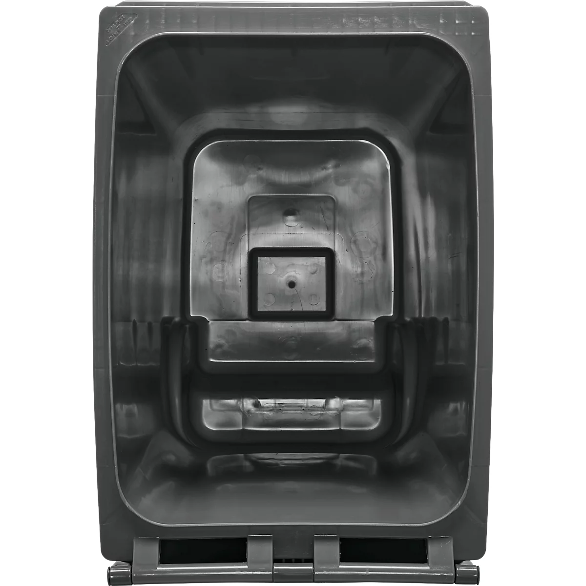 Vista superior de un cubo de basura gris desde el interior. Forma rectangular con esquinas redondeadas y diferentes niveles.