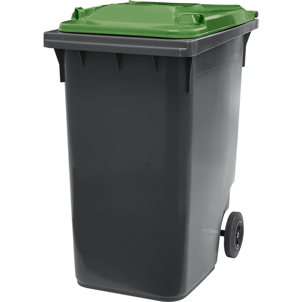 Un contenedor de basura gris con una tapa verde. El contenedor tiene ruedas.