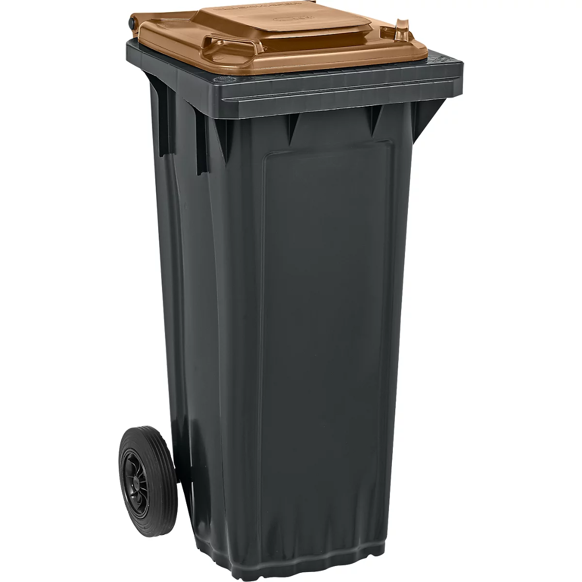 Contenedor de basura negro con tapa marrón y ruedas.
