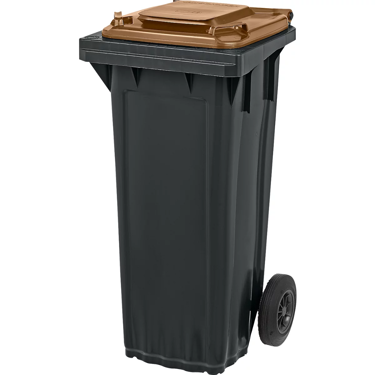 Contenedor de basura negro con tapa marrón y ruedas. Tapa abierta.