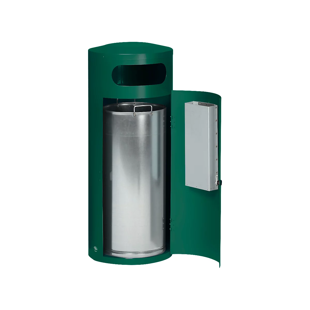 Papelera VAR KS 70, redonda, 70 l de capacidad, con cenicero interior, con cerradura, autoextinguible, con cubo interior, chapa de acero, verde musgo