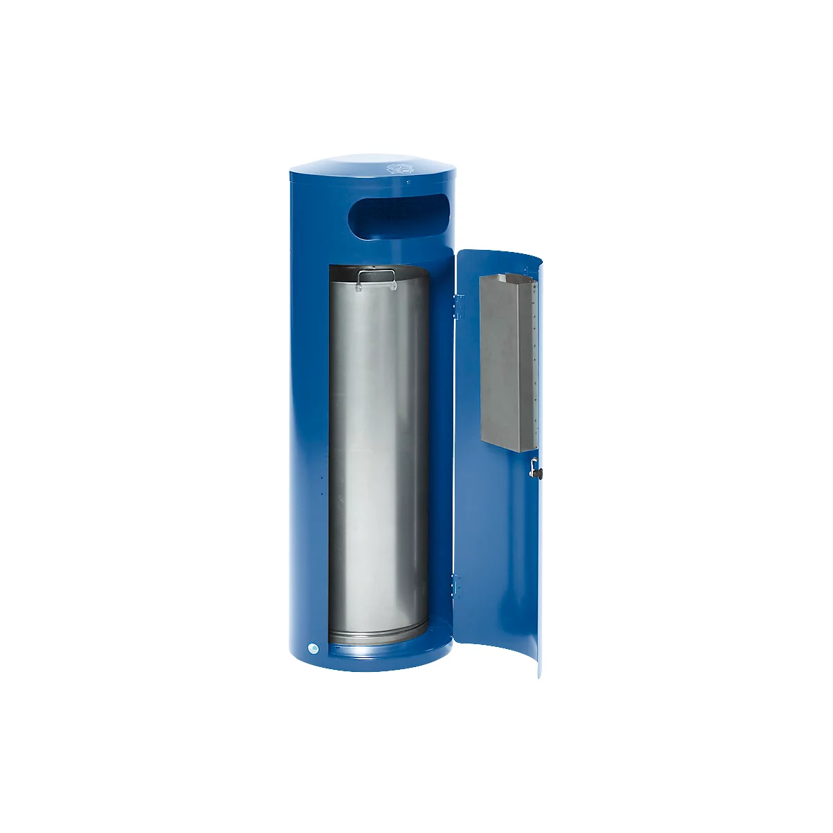 Papelera VAR KS 90, redonda, capacidad 90 l, con cenicero interior, con cierre, autoextinguible, con cubo interior, chapa de acero, azul genciana