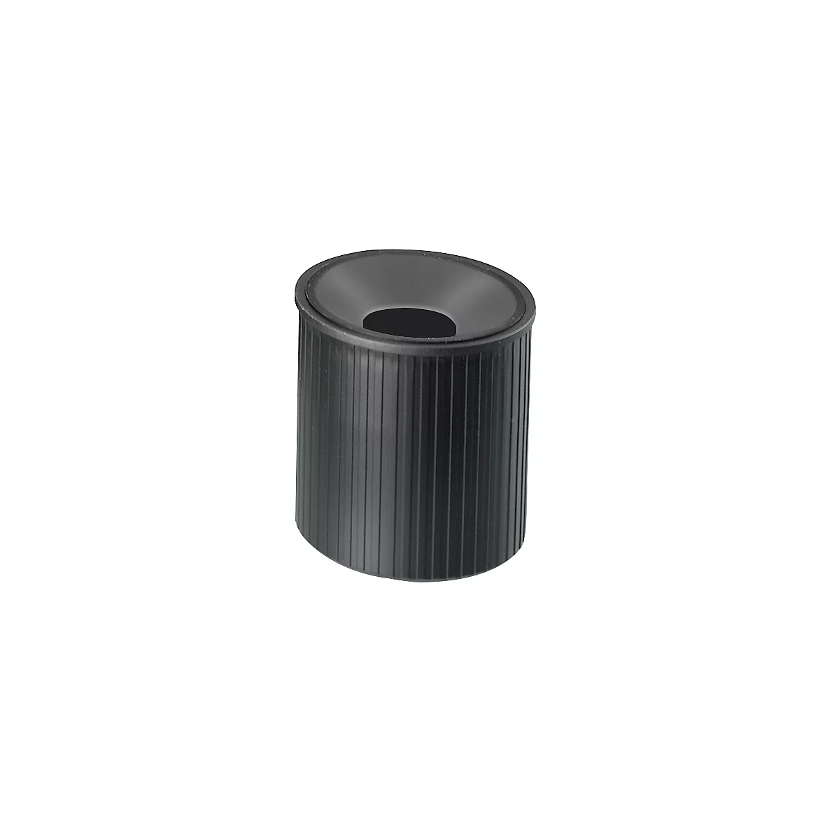 Black trash can with a ribbed surface and funnel-shaped opening.