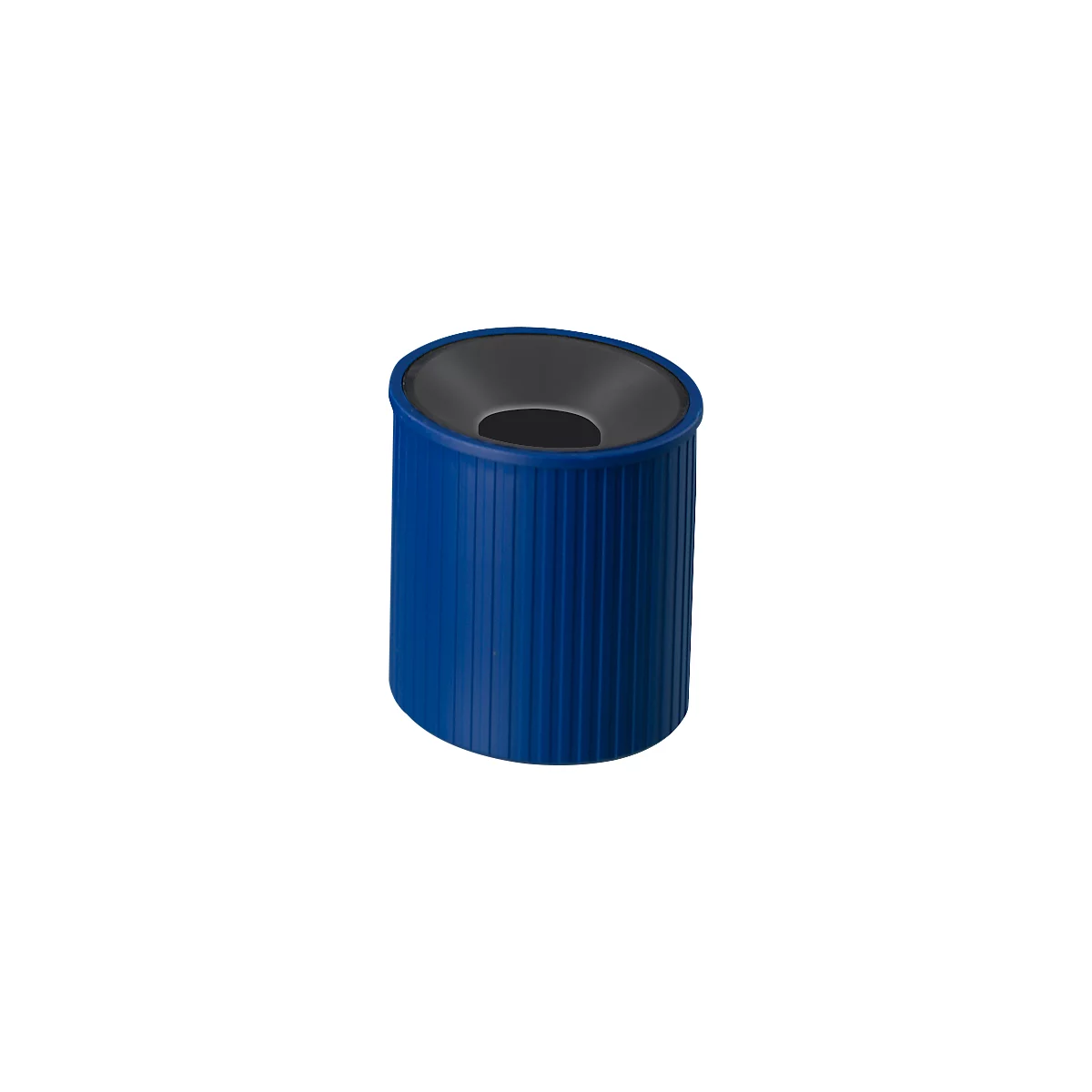 Blue ribbed trash can, with a black funnel-shaped interior.