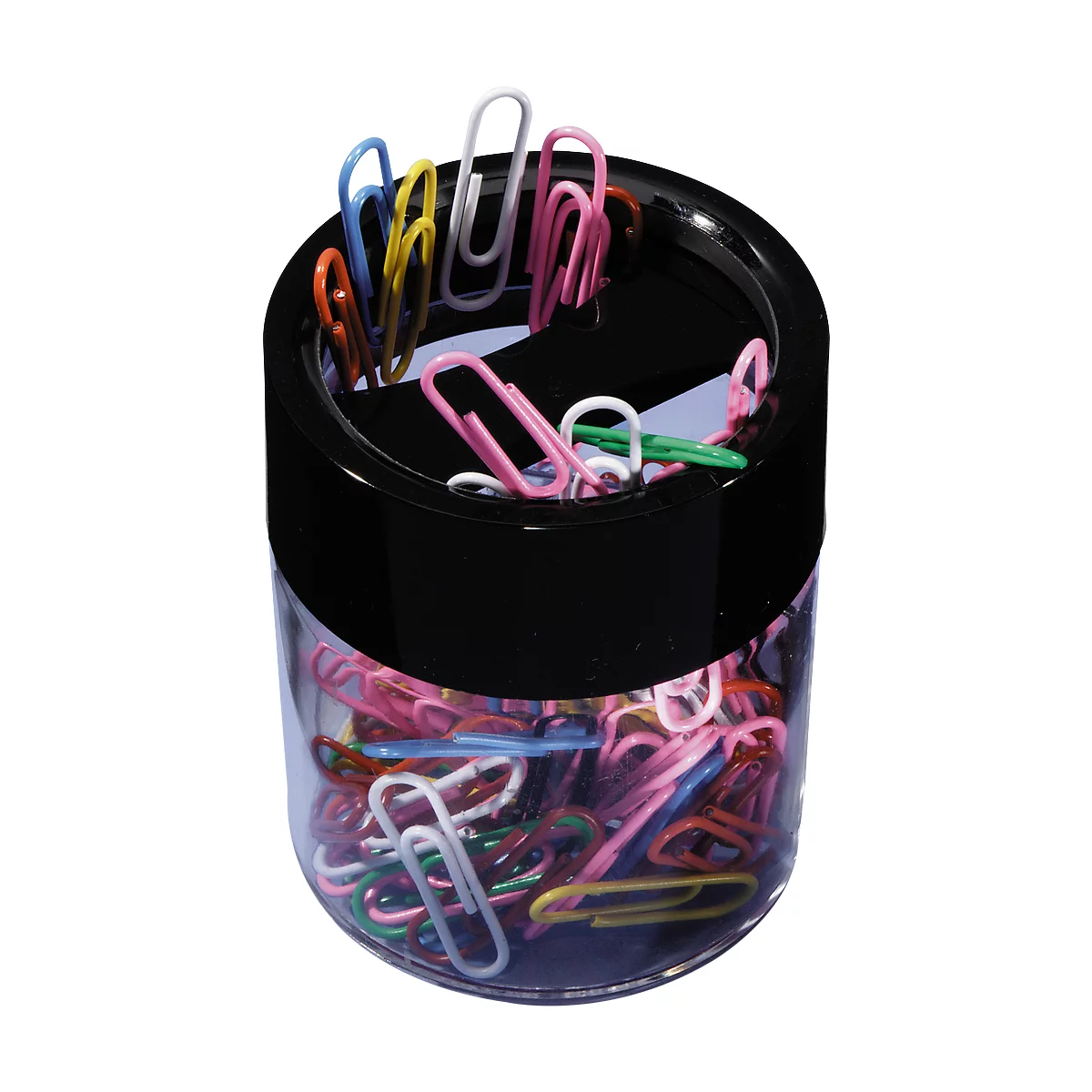 Cylindrical container with colorful paper clips. Some stand upright, the rest lie inside.