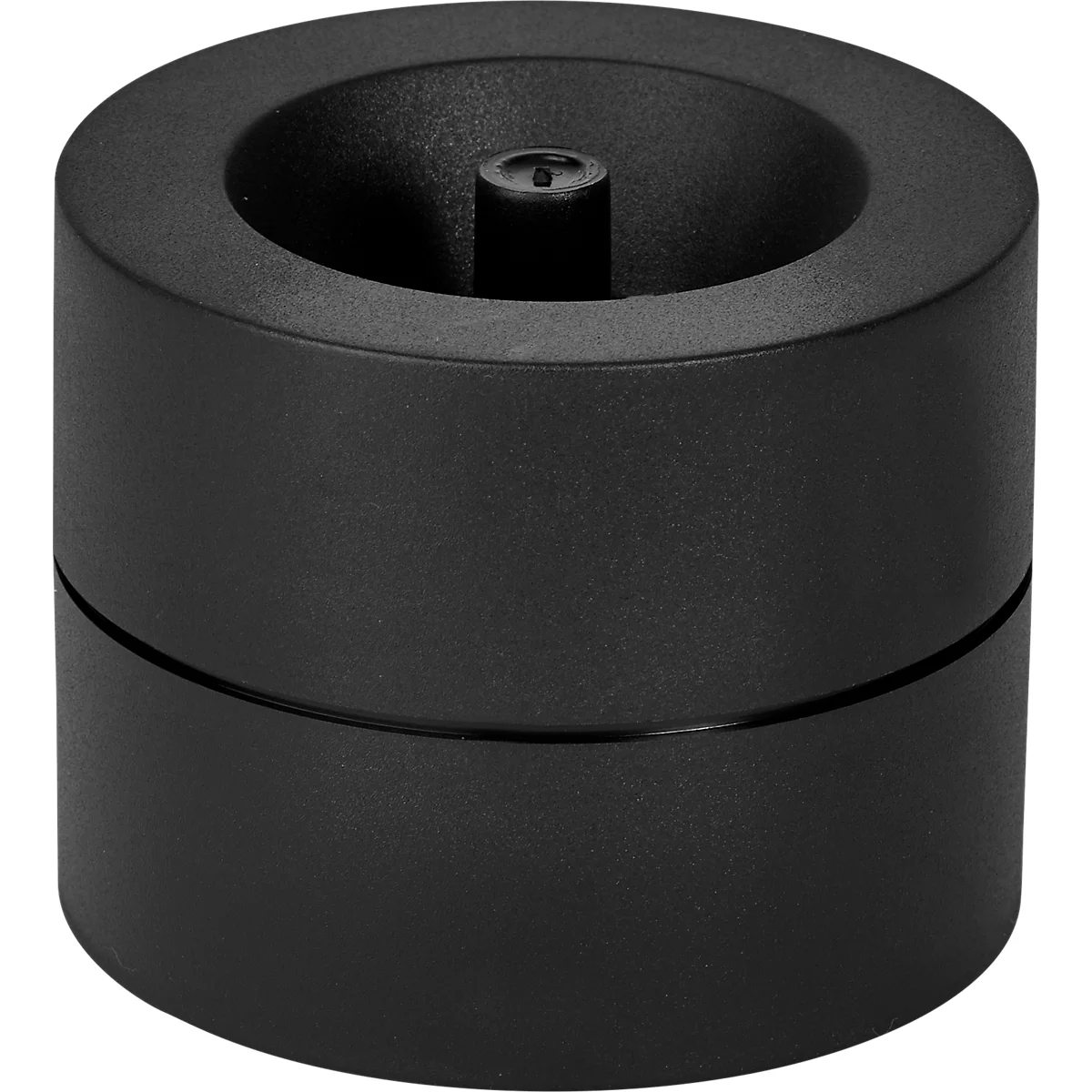 Black cylindrical object, two parts, with a recess and a central cylinder.