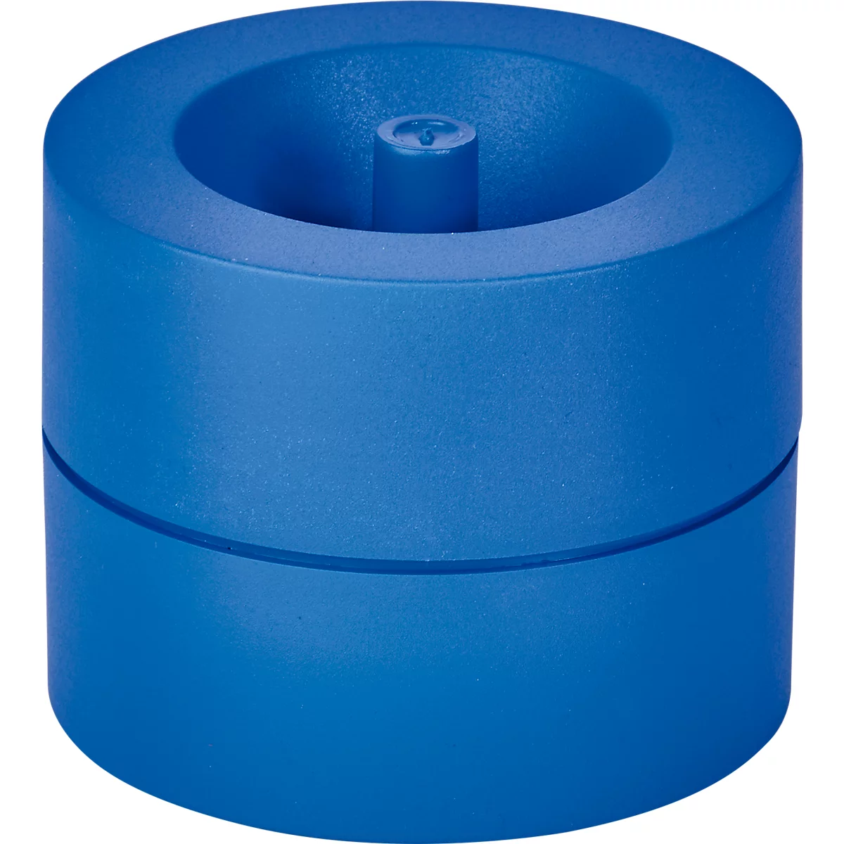 Blue, cylindrical object with a central elevation. A round recess at the top.