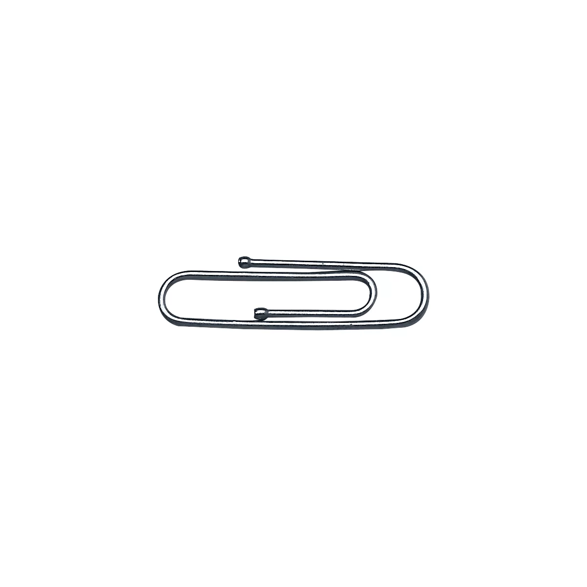 A silver paperclip, made of metal, with rounded ends.