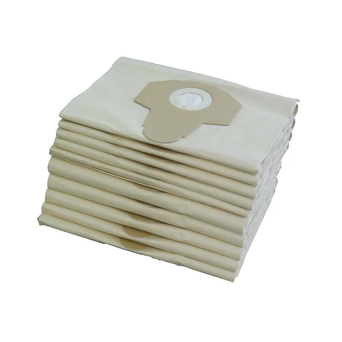 A stack of new vacuum cleaner bags, beige and made of paper, with brown paper attachments.