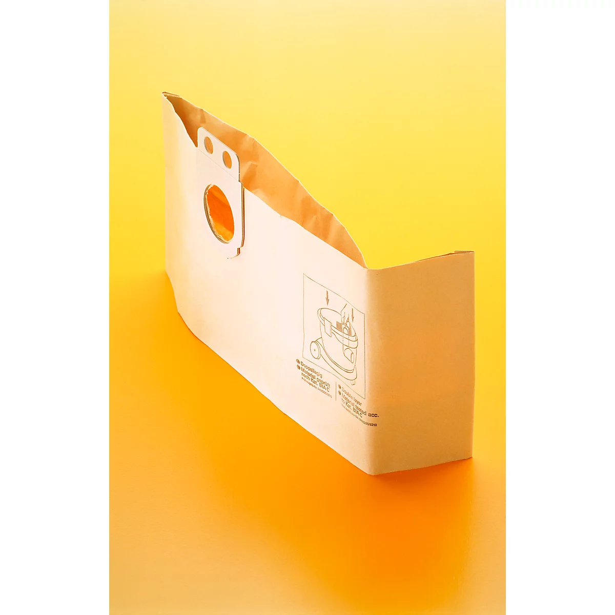 Beige vacuum cleaner bag, main focus: the round opening with closure. Yellow background.