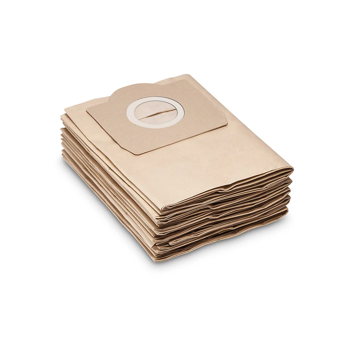 A stack of new paper vacuum cleaner bags. The top bag shows a round cutout for the connection.