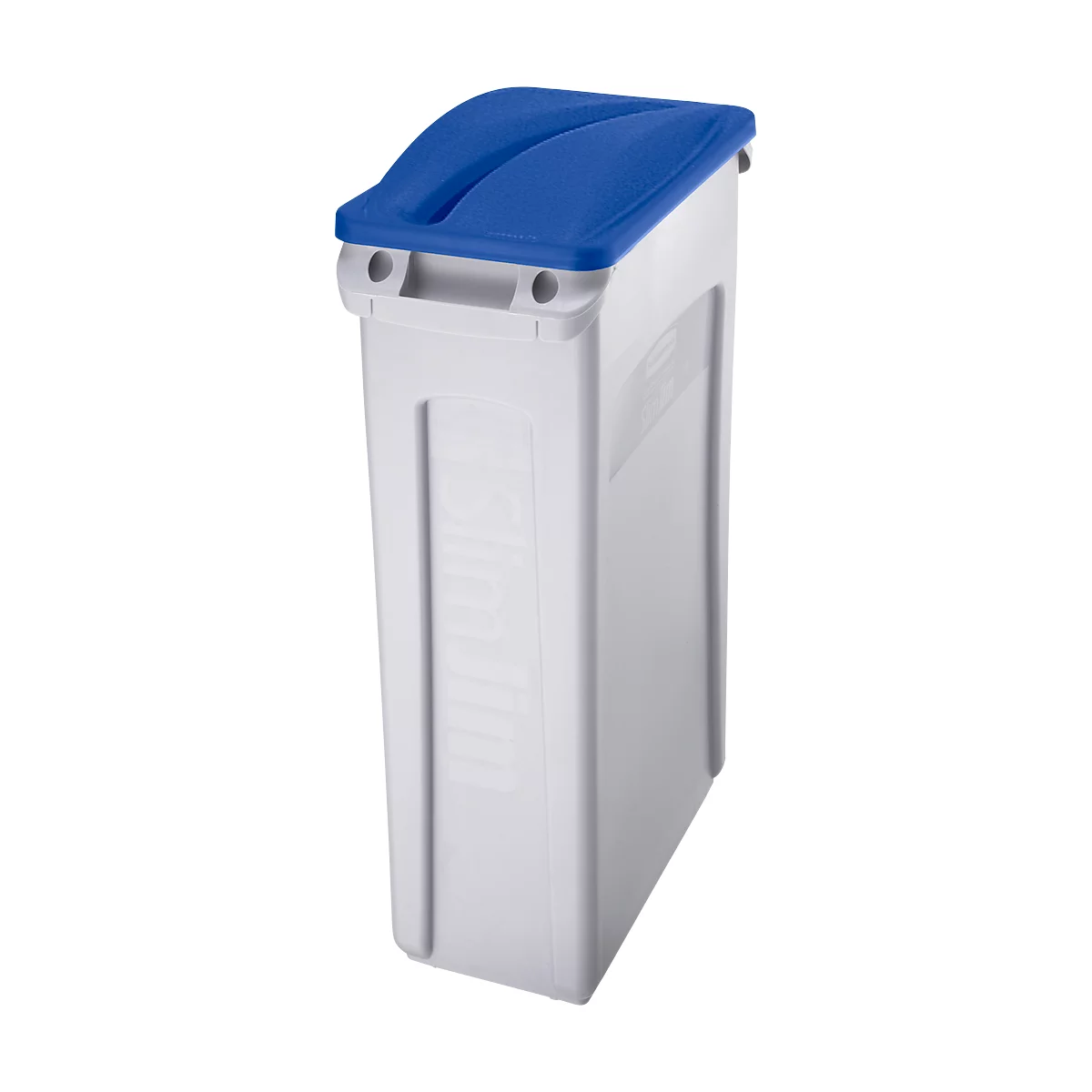 White trash can with blue lid.