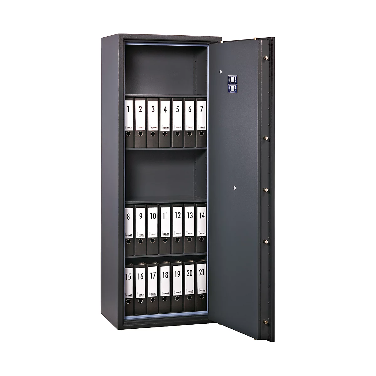 Open safe cabinet with numbered file folders, numbered from 1 to 21. Safe door is open.