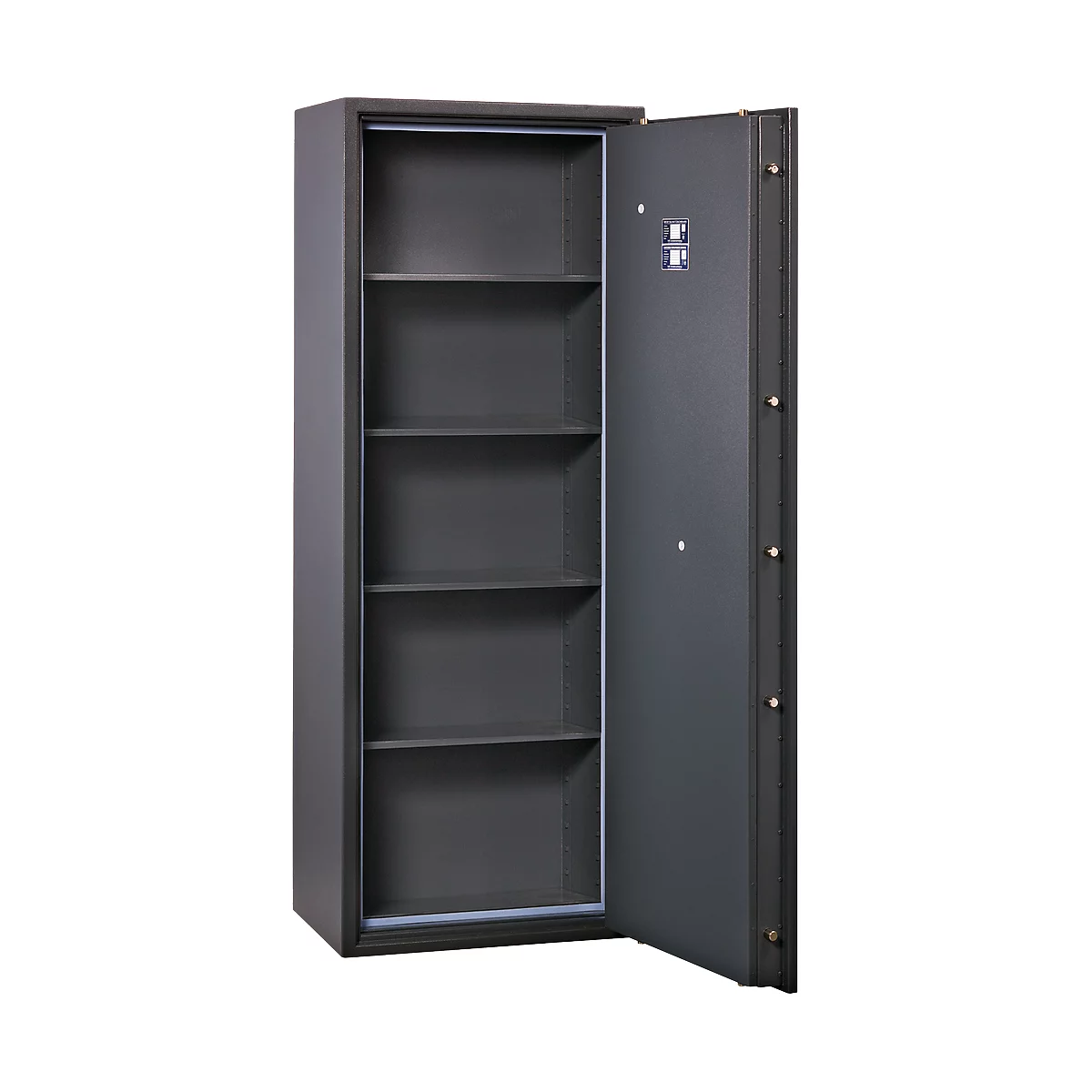 Opened gray steel cabinet with shelves. The door is open, showing the inside of the cabinet.