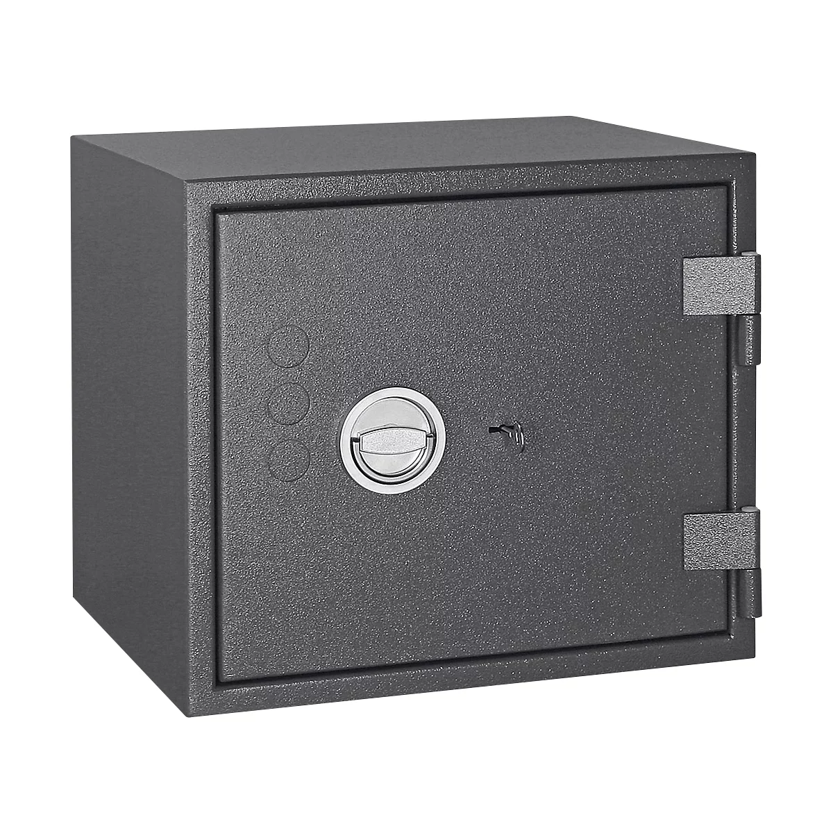 Dark grey safe with a round lock and three buttons on the left. The safe is locked.