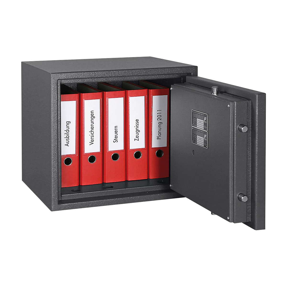 An open grey safe with red folders labeled 'Ausbildung' and 'Versicherungen'.