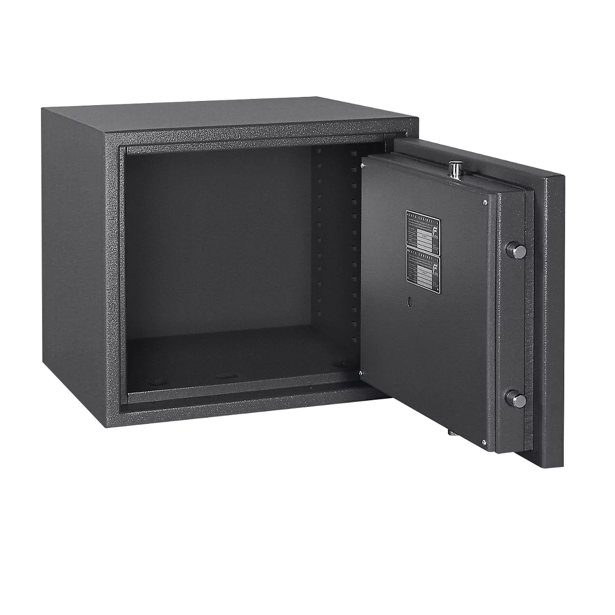 An open, grey safe. The door is open, revealing the empty interior.