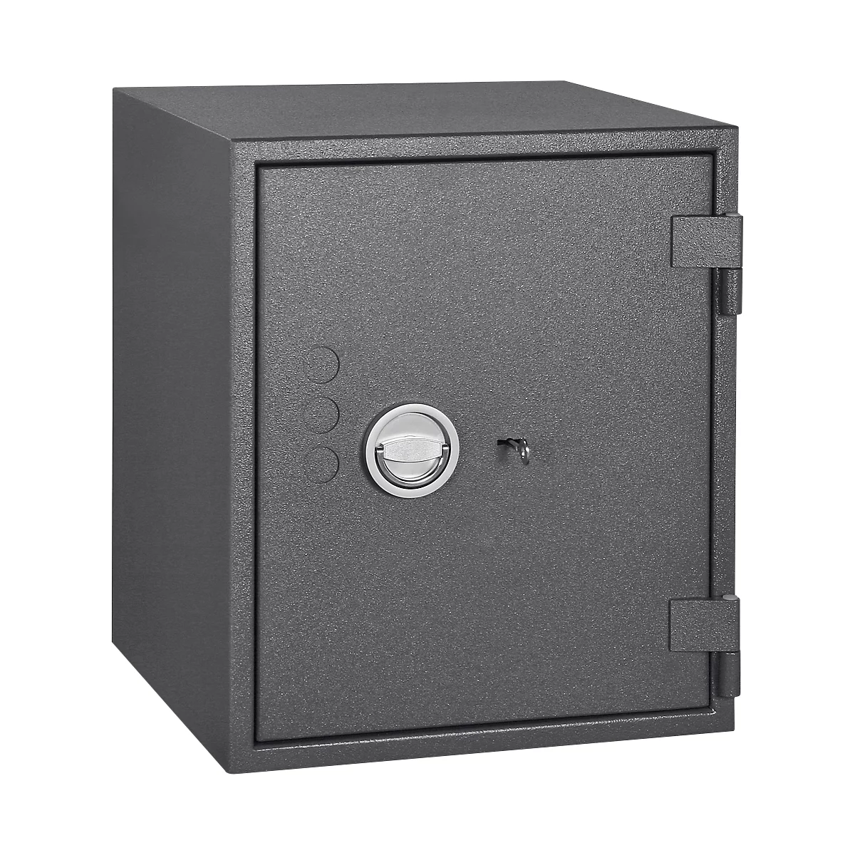 Grey safe with a round handle and a keyhole.