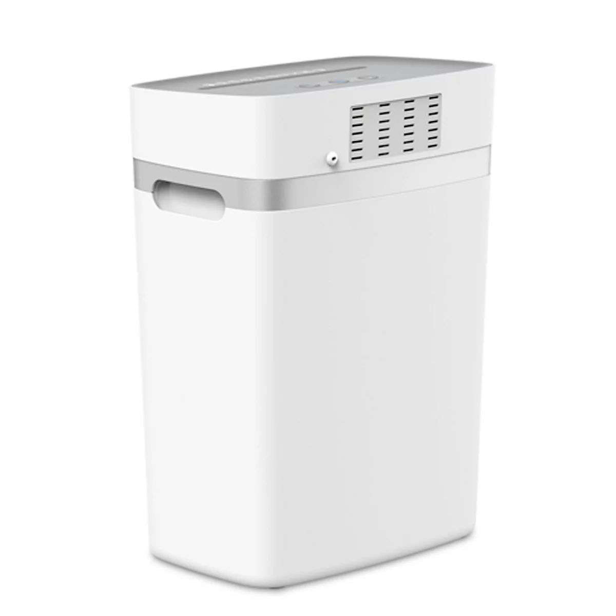 White paper shredder with gray accents and ventilation slots. There's an input slot on the top.