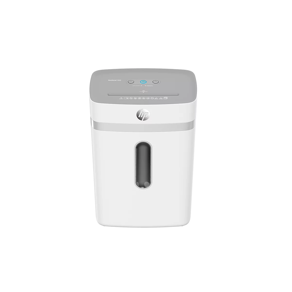 White paper shredder with grey lid. Viewing window for fill level. Buttons on top and HP logo.