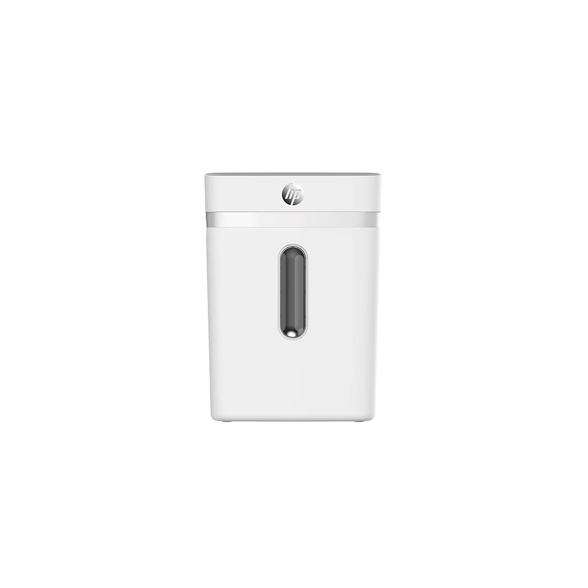 White paper shredder with HP logo. Viewing window to check the fill level.