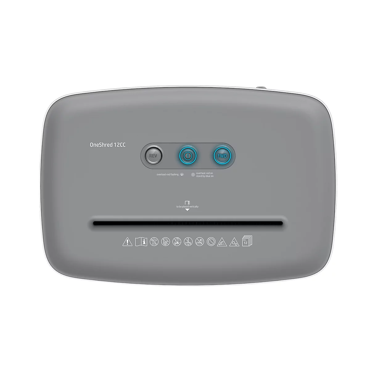Grey paper shredder with control buttons. The text "OneShred 12CC" is on top.