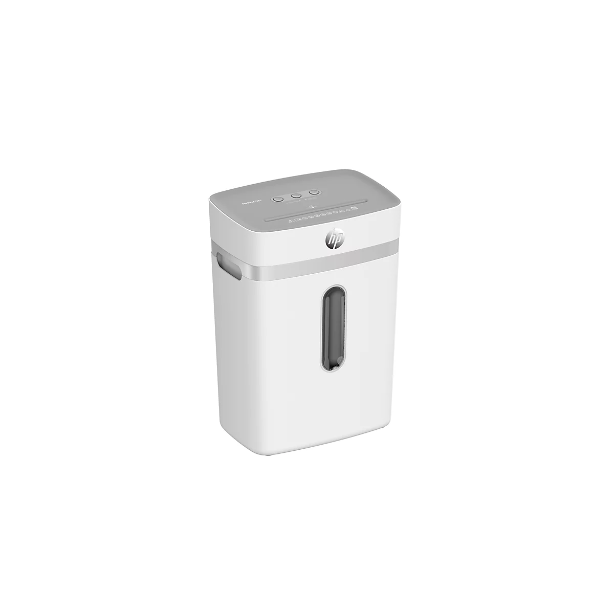 White paper shredder with gray top and HP logo.