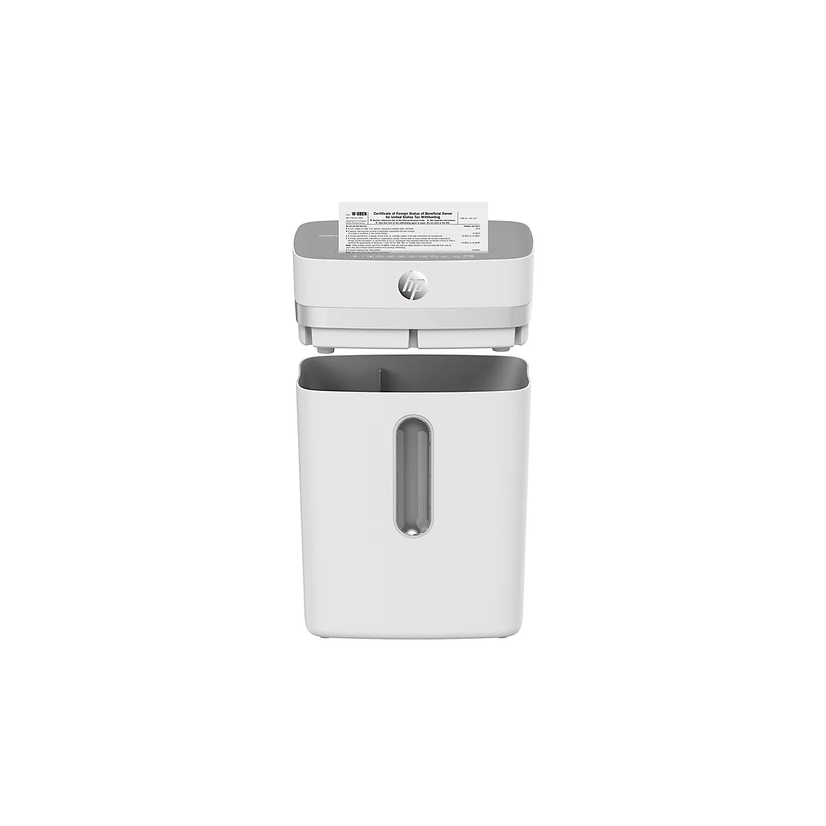 White paper shredder with open lid and paper inserted. The HP logo is visible.