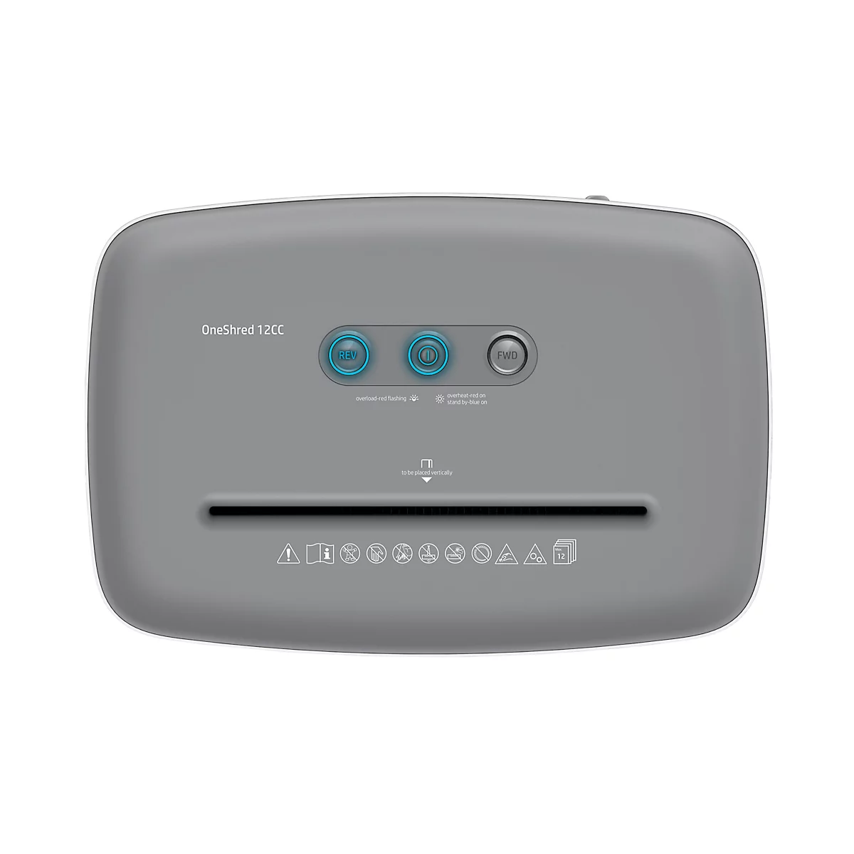 Grey paper shredder with control panel and feed slot. Inscription: OneShred 12CC.