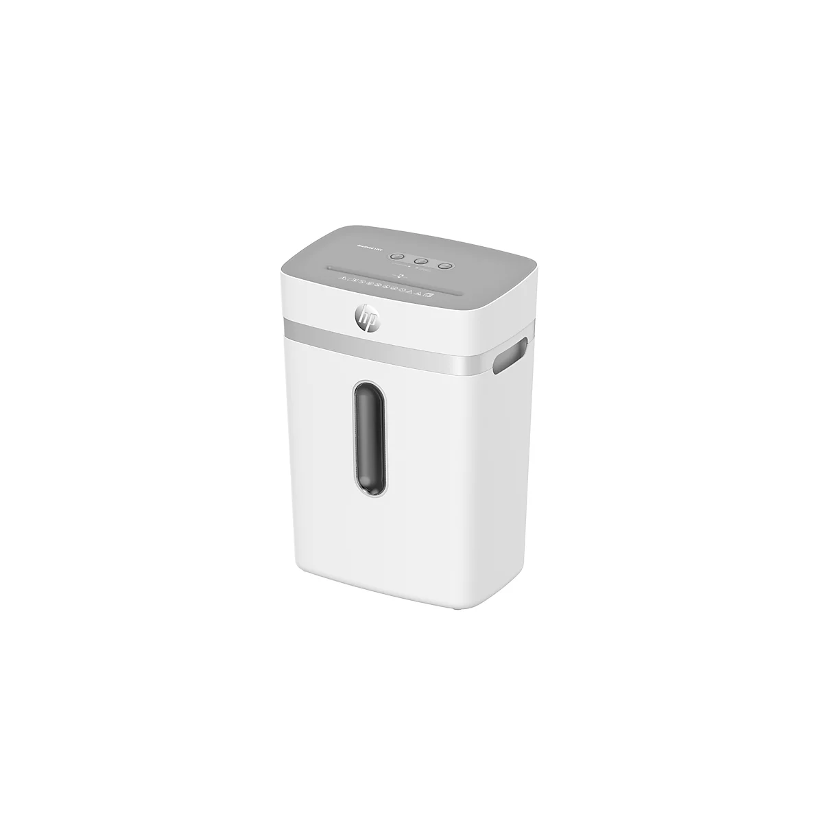 White HP shredder with gray accents, featuring HP logo and control buttons.