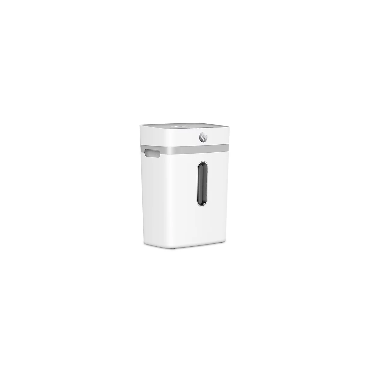 White paper shredder with the HP logo, with opening to view the paper container.