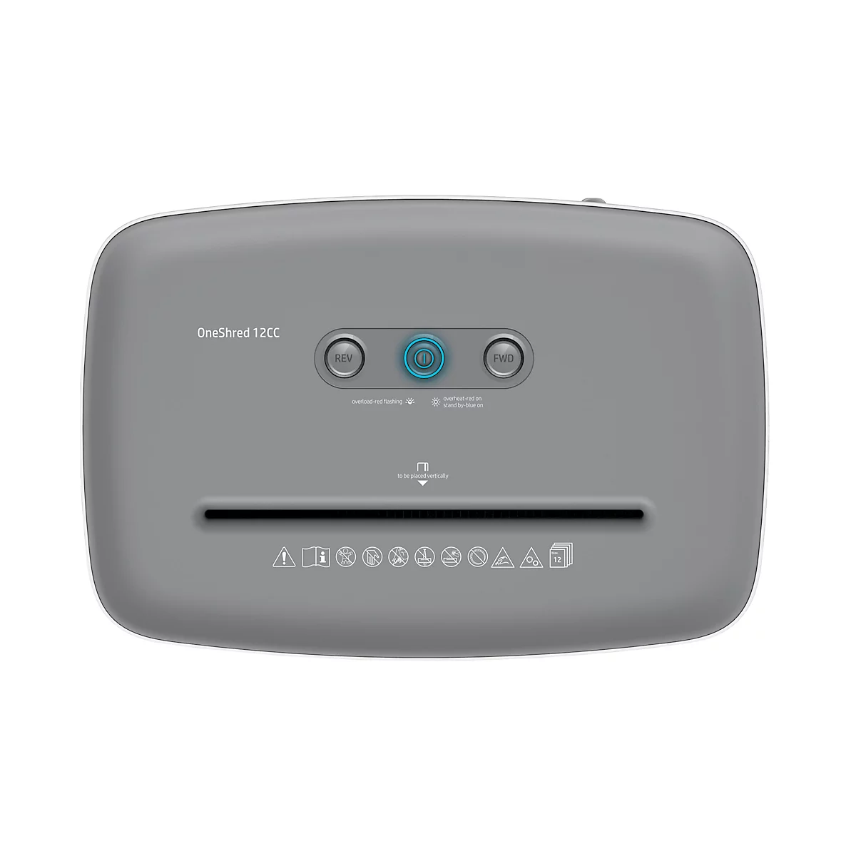 Gray paper shredder, top: 'OneShred 12CC', three buttons, an inlet slot. Icons below.