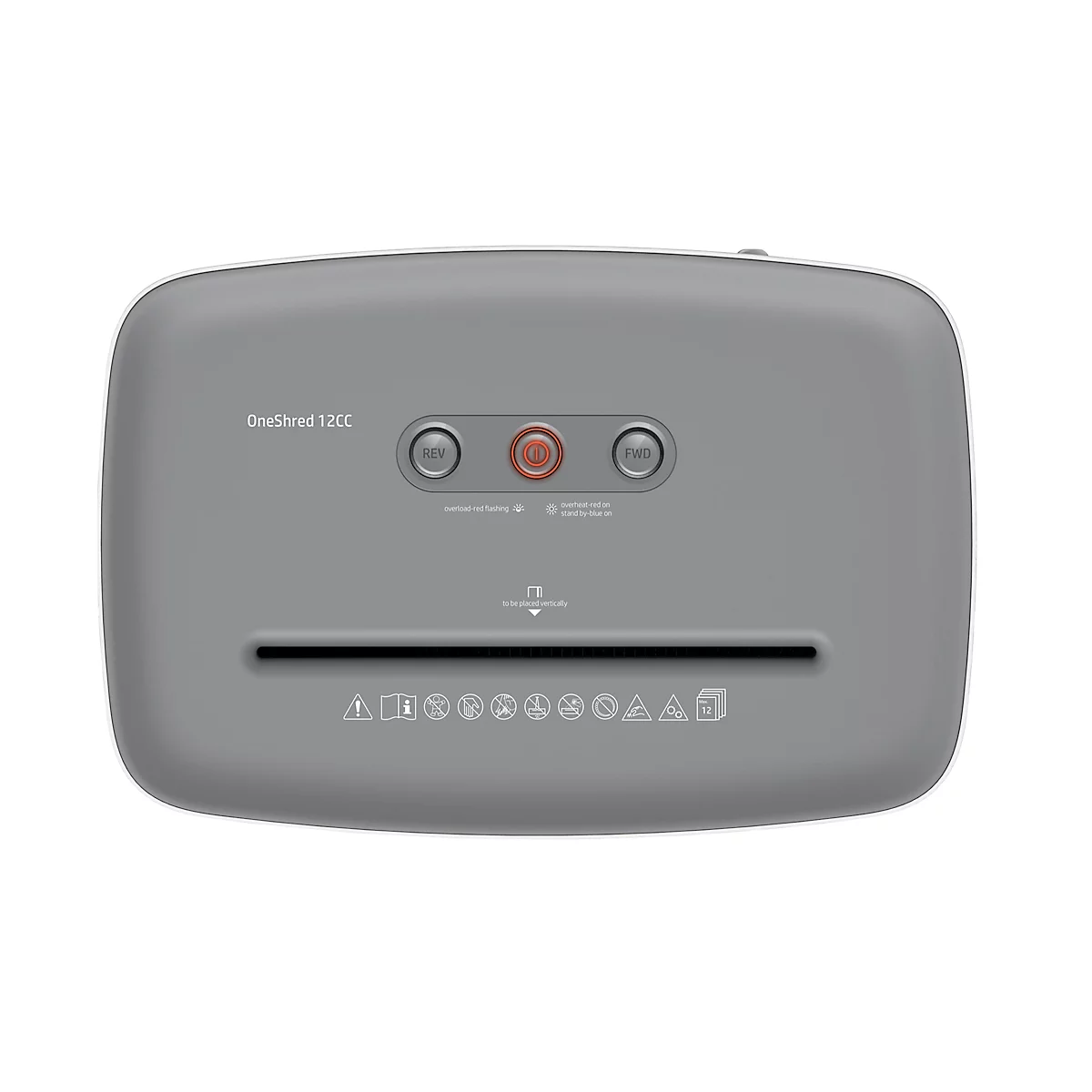 Grey paper shredder with control buttons. "OneShred 12CC" is written on top.