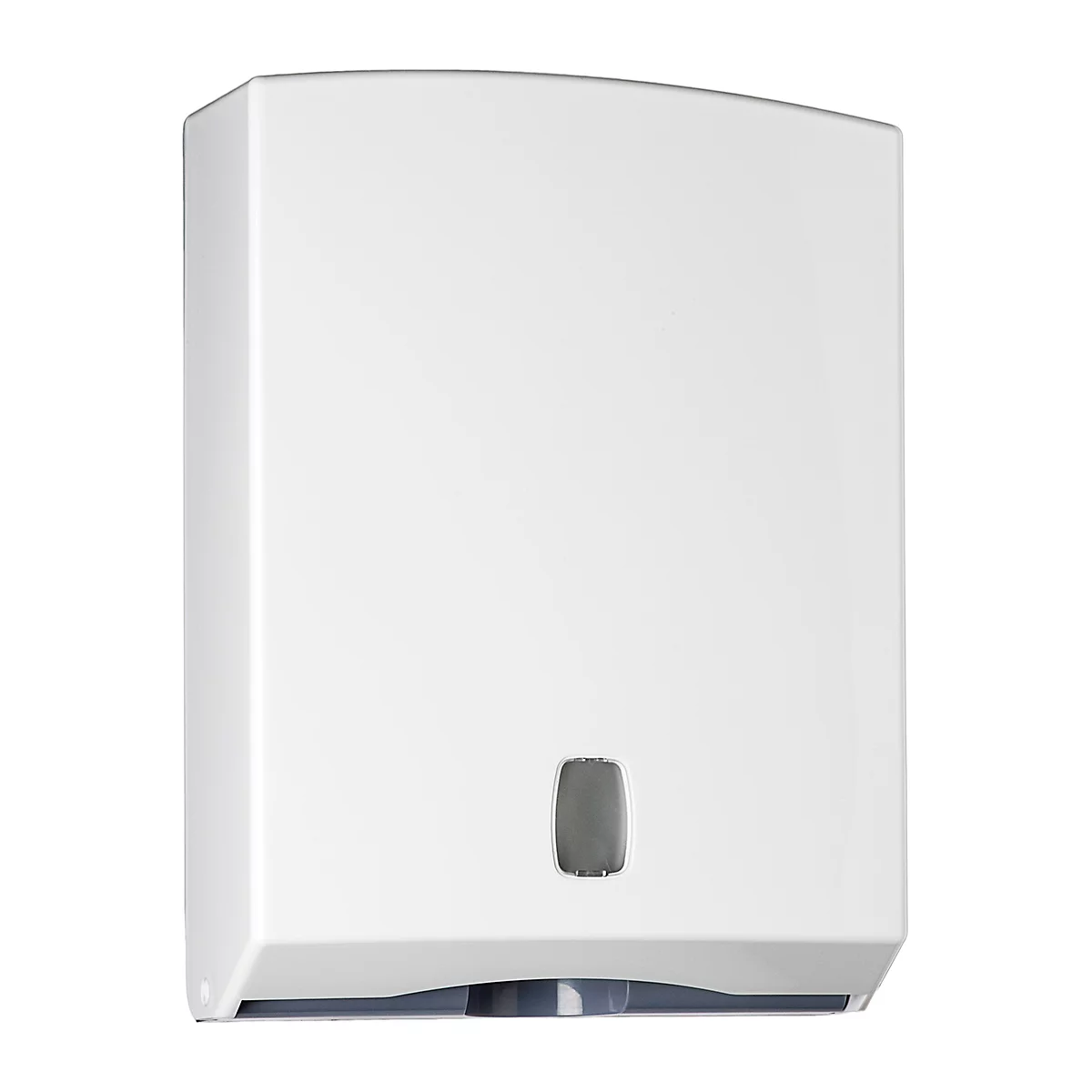 White paper towel dispenser with rounded top. Paper towels are visible below the gray button.